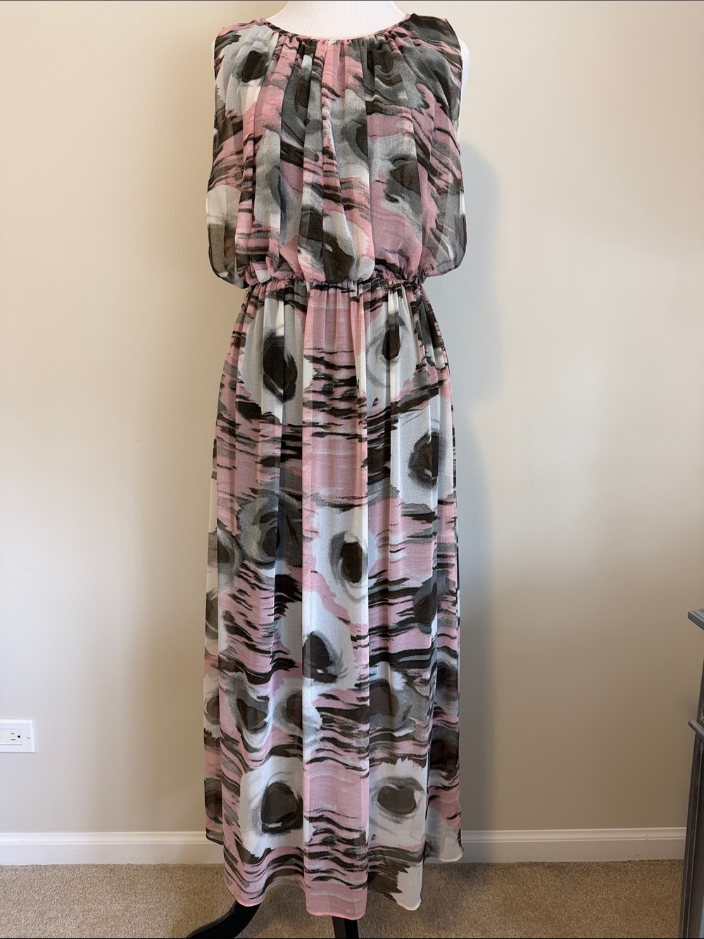 Patrizia Luca Pink, Gray and White Patterned Maxi Dress